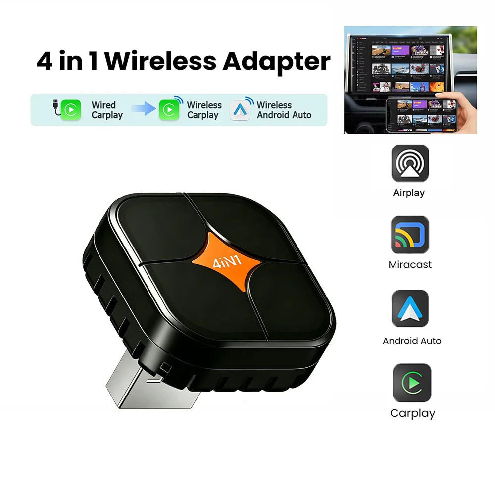 PLAYAIBOX Wireless CarPlay Android Auto Adapter 4 in 1 Dongle Plug and Play Screen Mirror Link AirPlay Miracast Car Accessories