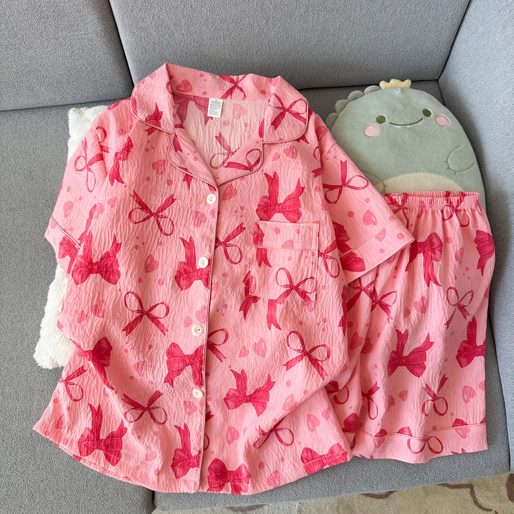 Women's Summer Pajamas, Thin Style with Bow Pattern, Short-Sleeved Shorts, Sweet and Cute, Can Be Worn Outside in Summer, Two-Piece Home Wear Set
