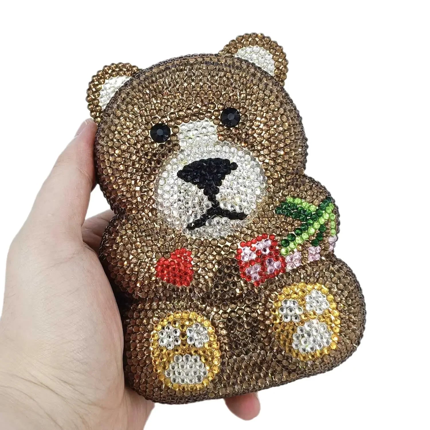 Boutique De FGG Brown Crystal Teddy Bear Evening Clutch Bags for Women Wedding Party Mini Minaudiere Purses and Handbags