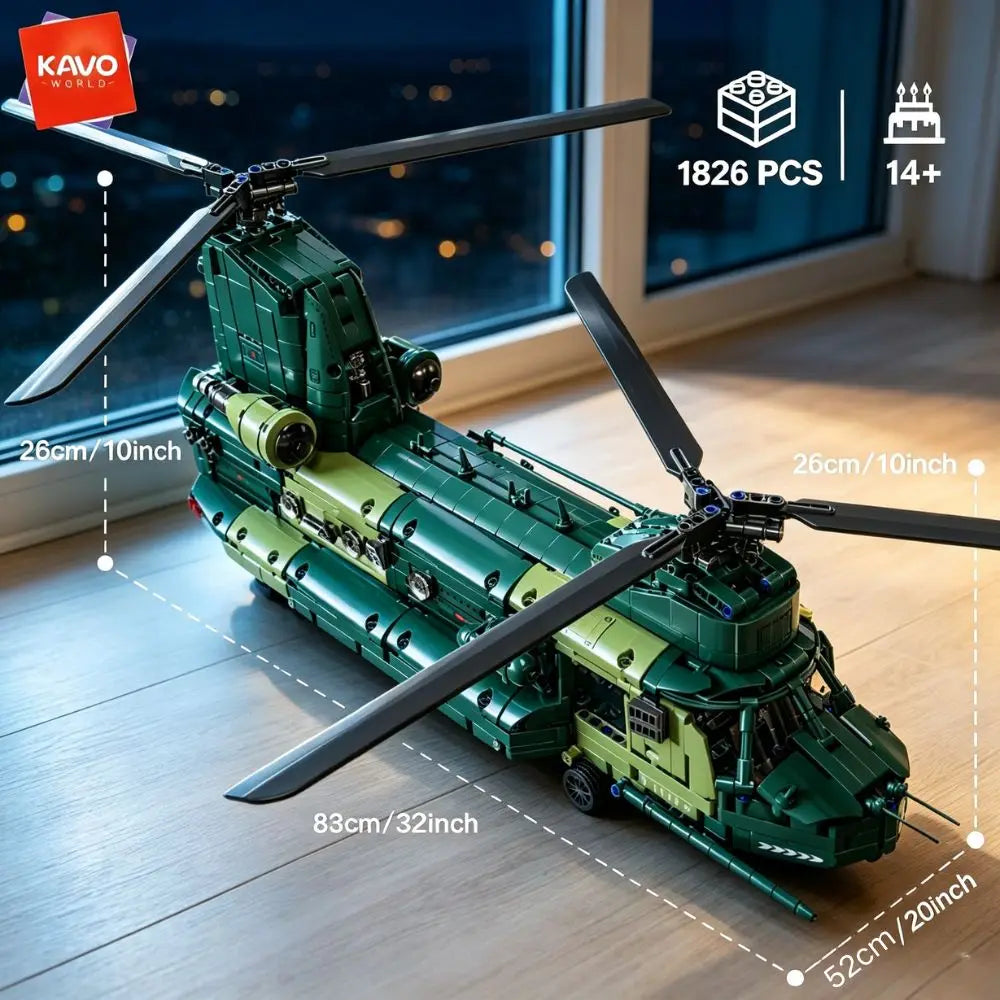 KAVOWORLD 1826pcs 32inch Large-Scale Heavy Transport Helicopter Building Block Model Set Easy DIY Assembly Aircraft Building Bricks Model Tandem Rotor Construction Kit Display Toy As Halloween Christmas Thanksgiving New Year'