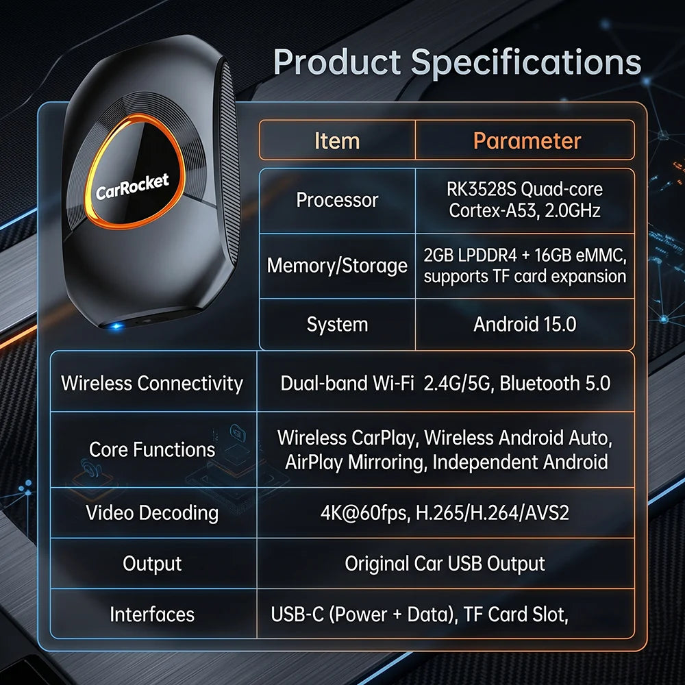 CarRocket Wireless CarPlay AI Box For Factory Wired CarPlay Cars Android 15.0 Android Auto Dual Band WiFi Bluetooth 5.2 Auto Con