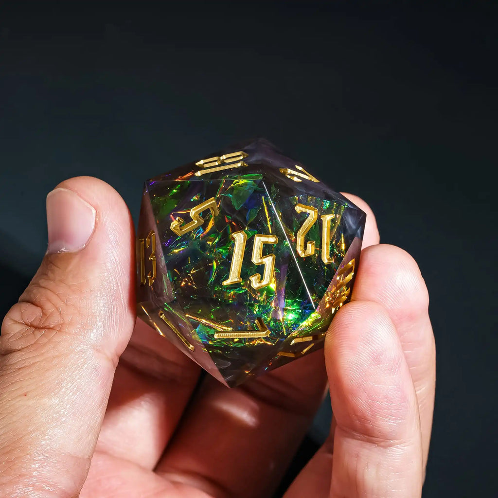 Cusdie 33mm Rainbow Film D20 Dice, 20 Sided Resin Sharp Edges Dice, Single D20 Polyhedral Dice, for Role Playing Board Game