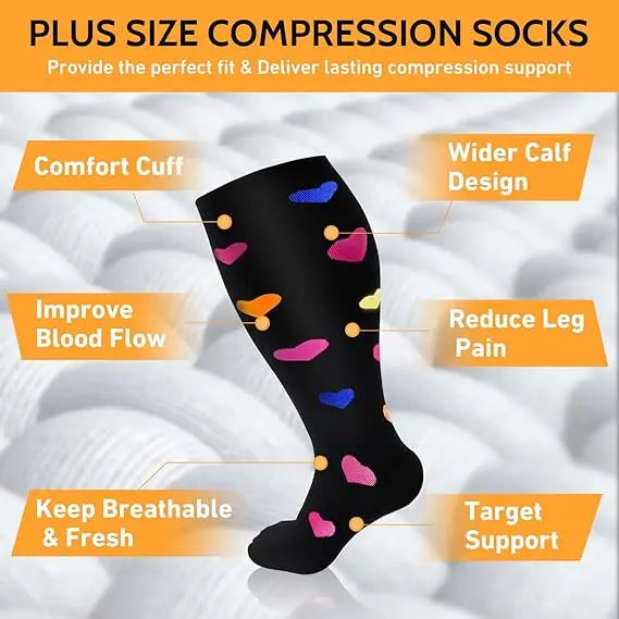2XL-7XL Plus Size 20-30 mmHg Compression Socks for Women Men Wide Calf Extra Large Knee High Flight Sock for Circulation Support