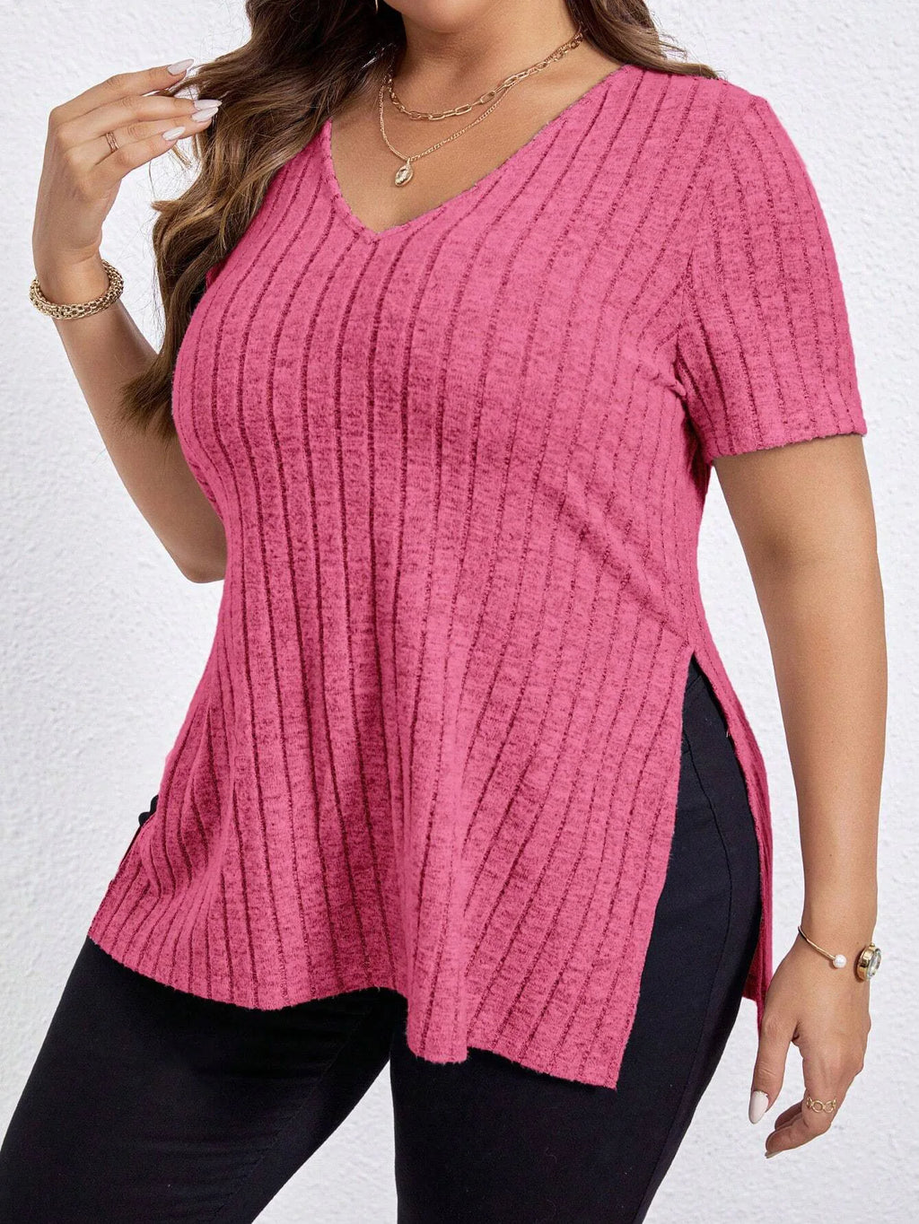 Women'S 1XL-5XL Plus Size T Shirt Summer Solid Color Large Women's Tops V-Neck Pit Striped Short Sleeve Split Loose Black Shirts