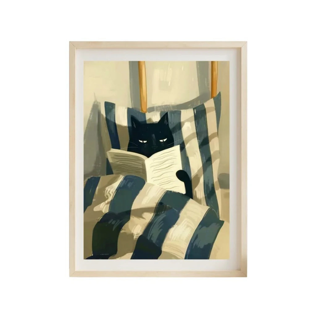 Cat Reading Print – Black Cat Wall Art, Cosy Bedroom Poster, Book Lover Cat Illustration, In Bed Print, Reading Decor, Cozy