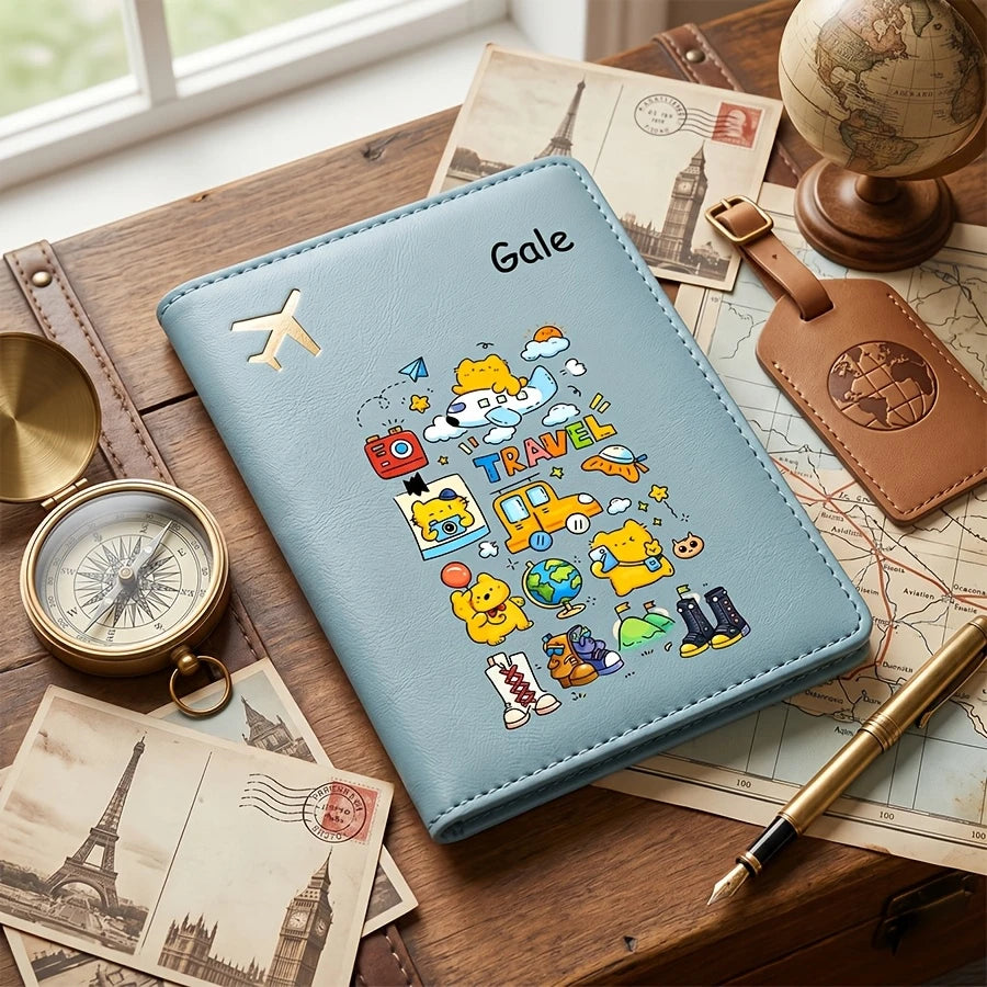 Personalized Name Text Passport Holder, Cute Cartoon Passport Case, Passport Cover And Document Organizer, Travel Ticket Holder