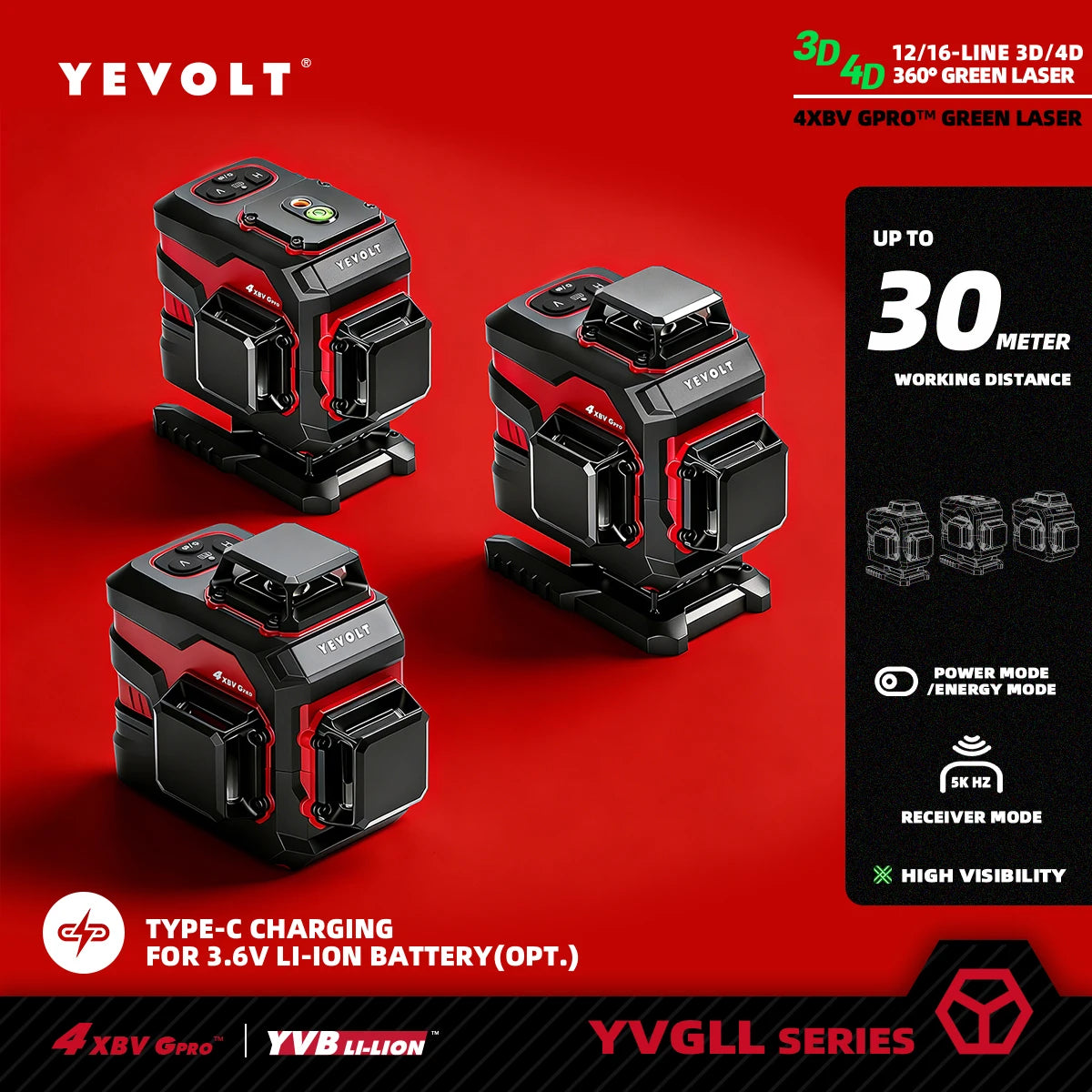 YEVOLT Laser Level Green Beam 12/16 Lines ±4° Self-leveling 3D 360° Horizontal and Vertical Measuring Tools - YVGLL4XS-Series