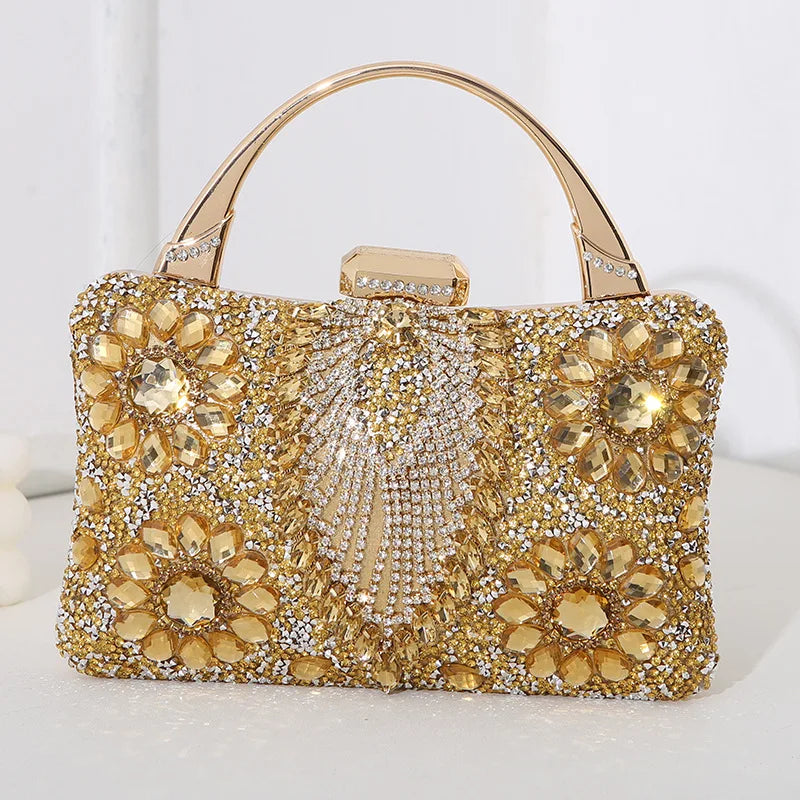 Luxury Party Evening Gold Diamond Women's Handbag Multi Crystal Strap Set Wedding Wallet Matching Wallet Handbag 2025 New Gift