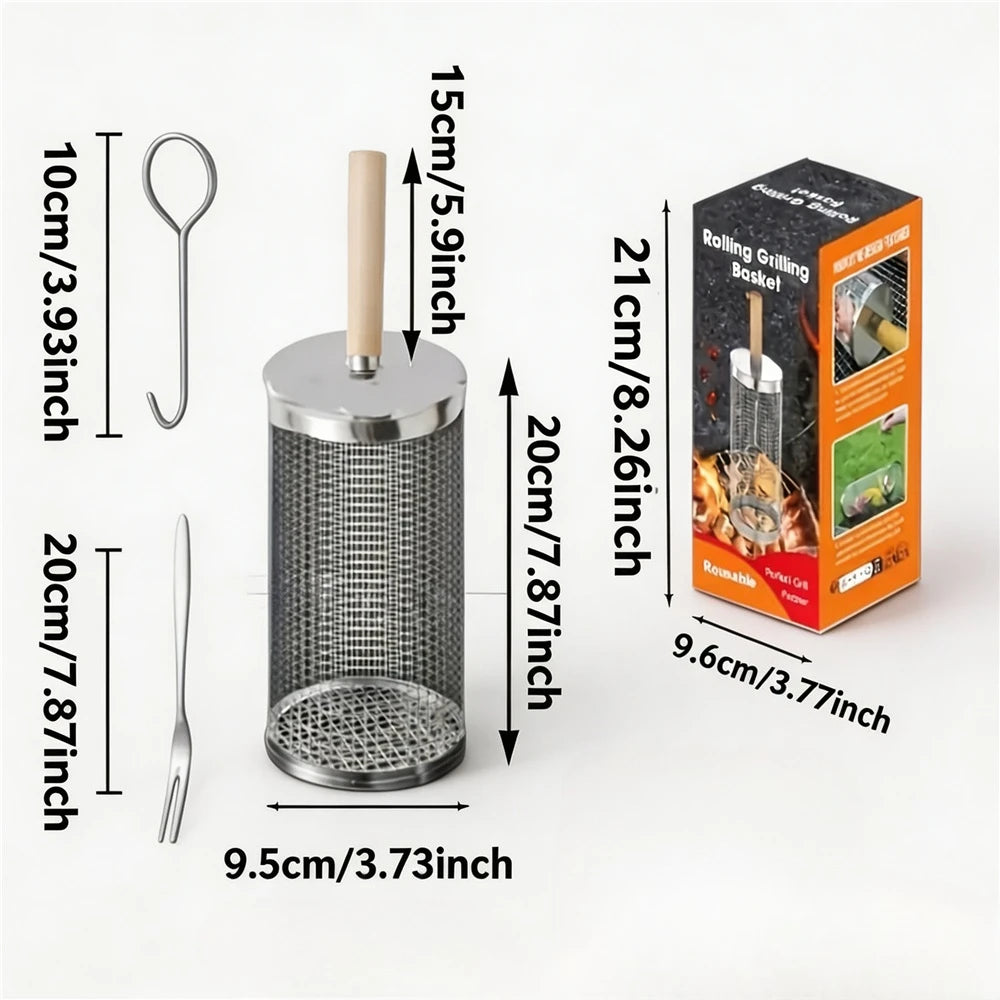 Stainless Steel Rolling BBQ Grill Basket, Wooden Handle Rotatable Mesh Barbecue Tube For Outdoor Camping Grilling