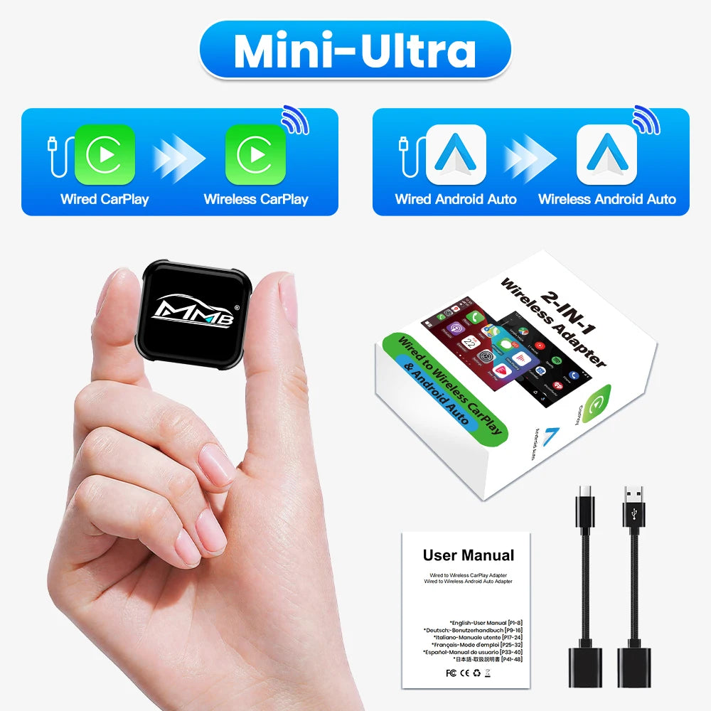 MMB Mini Ultra 2in1 Wireless CarPlay Adapter Android Auto Dongle Wired to Wireless CarPlay & Android Auto Plug&Play for 98% Cars