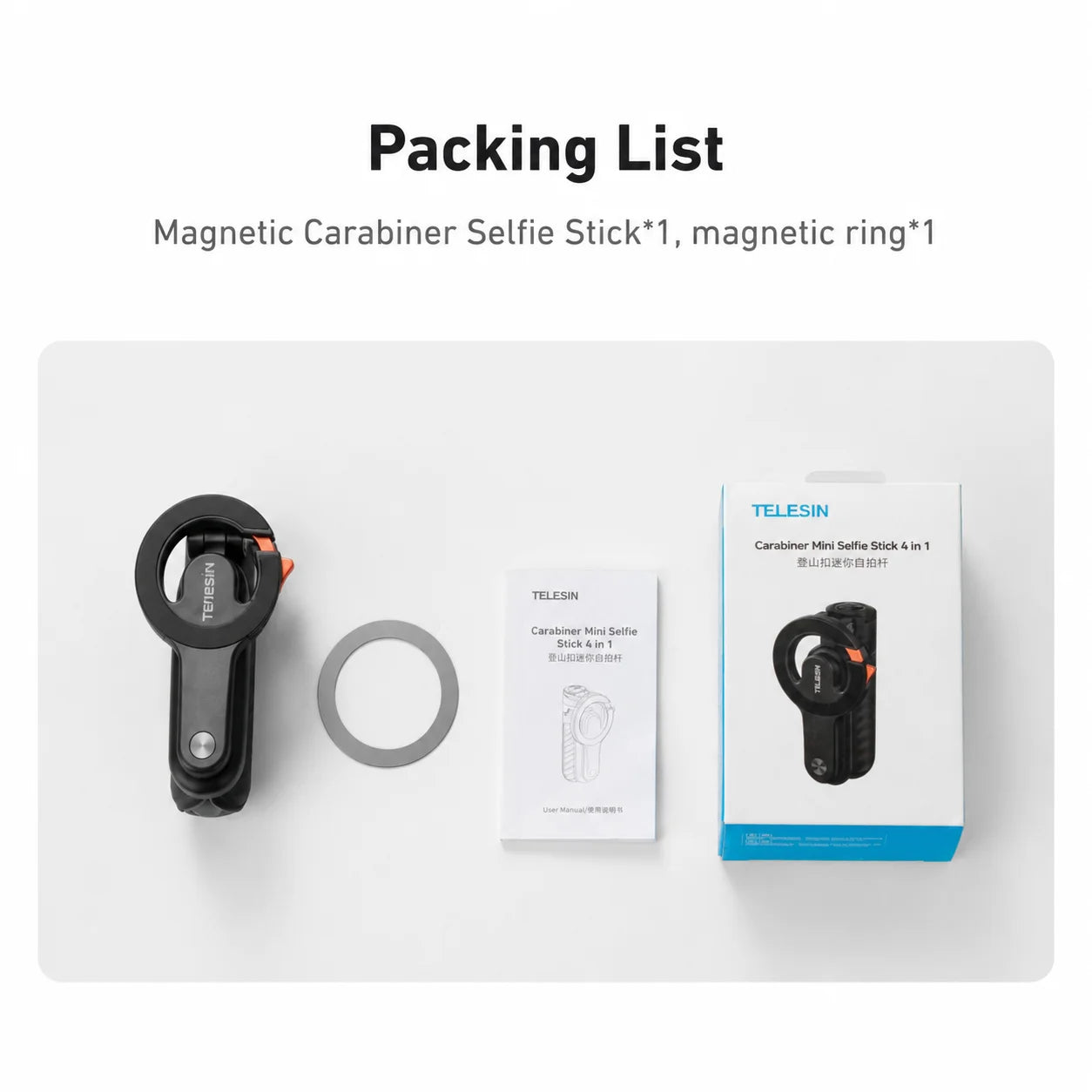 TELESIN Mini Magnetic Carabiner Wireless Shooting Aid Remote Control Hand Grip Phone Holder Selfie Stick Tripod for Smart Phone