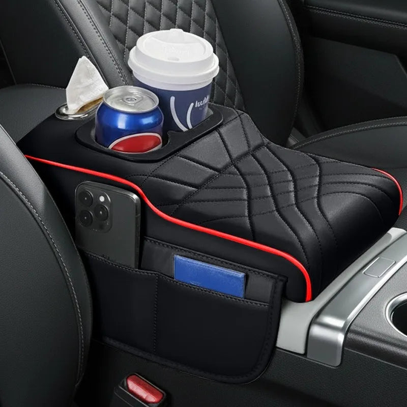 High-Low Style Car Armrest Box Cushion-An Armrest Cover with 2Side Pockets,2Cup Holders and 1 Tissue Box.Suitable for Most Cars