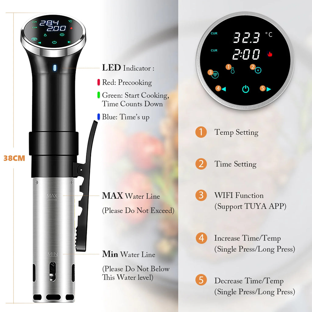 HoldPeak H4-S015 1100W Sous Vide Immersion Circulator ±0.1°C Precision Timer 360° Circulation Low Temp Slow Cooking Machine