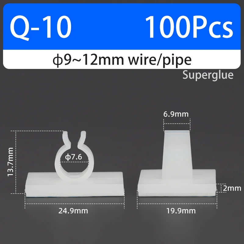 Q-type Cable Clips Holder Self-Adhesive Strong Glue Nylon PA66 Storage Cable Tie Water Pipe Clamp Fixing Seat No Drilling