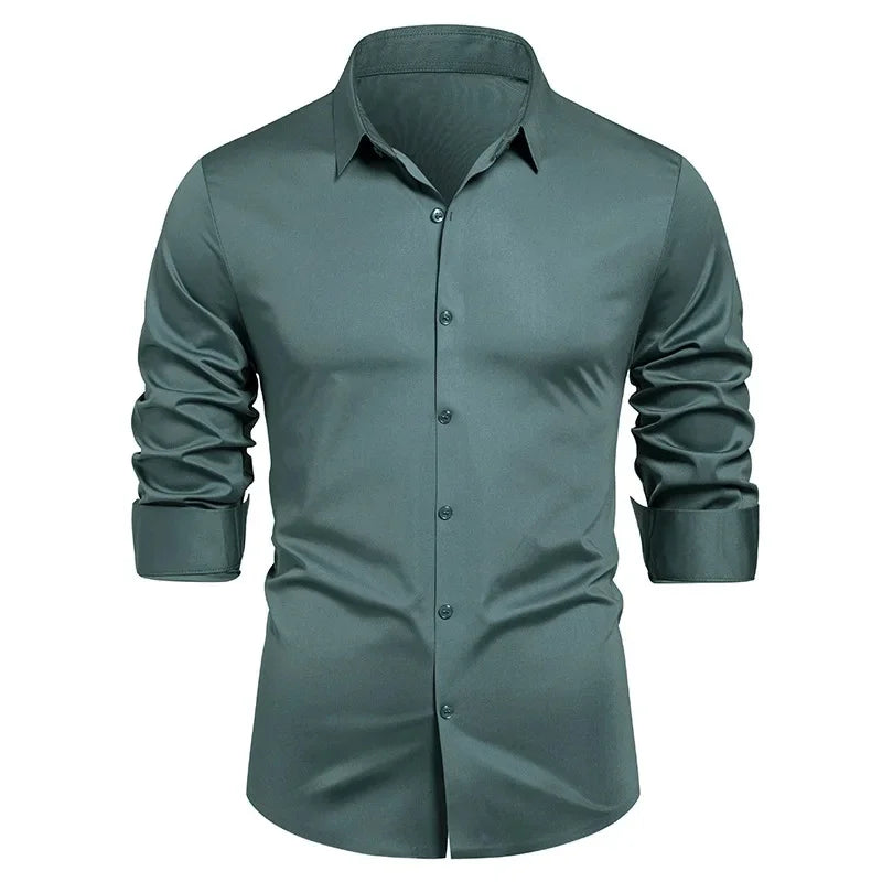 High-end Formal Work Shirts Men Spring Autumn Long Sleeve Elastic Shirt Anti-wrinkle Free Ironing Business Comfort Slim Workwear