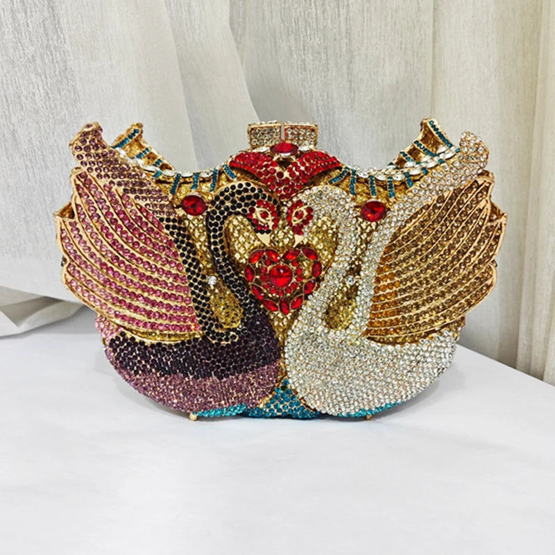Rhinestone Evening Bag Purses  Purple/Gold  Gold Metal Bag WHTUOHENG Female Diamond Swan Shape Prom Party Purses Phone Clutch