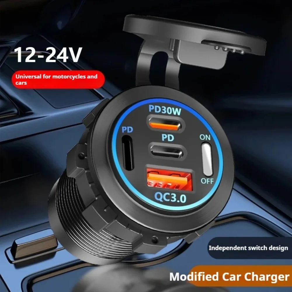 4-Port Motorcycle Modified Cigarette Lighter Socket, QC3.0 & PD30W Super Fast Charger with Switch, 12-24V Universal for Car
