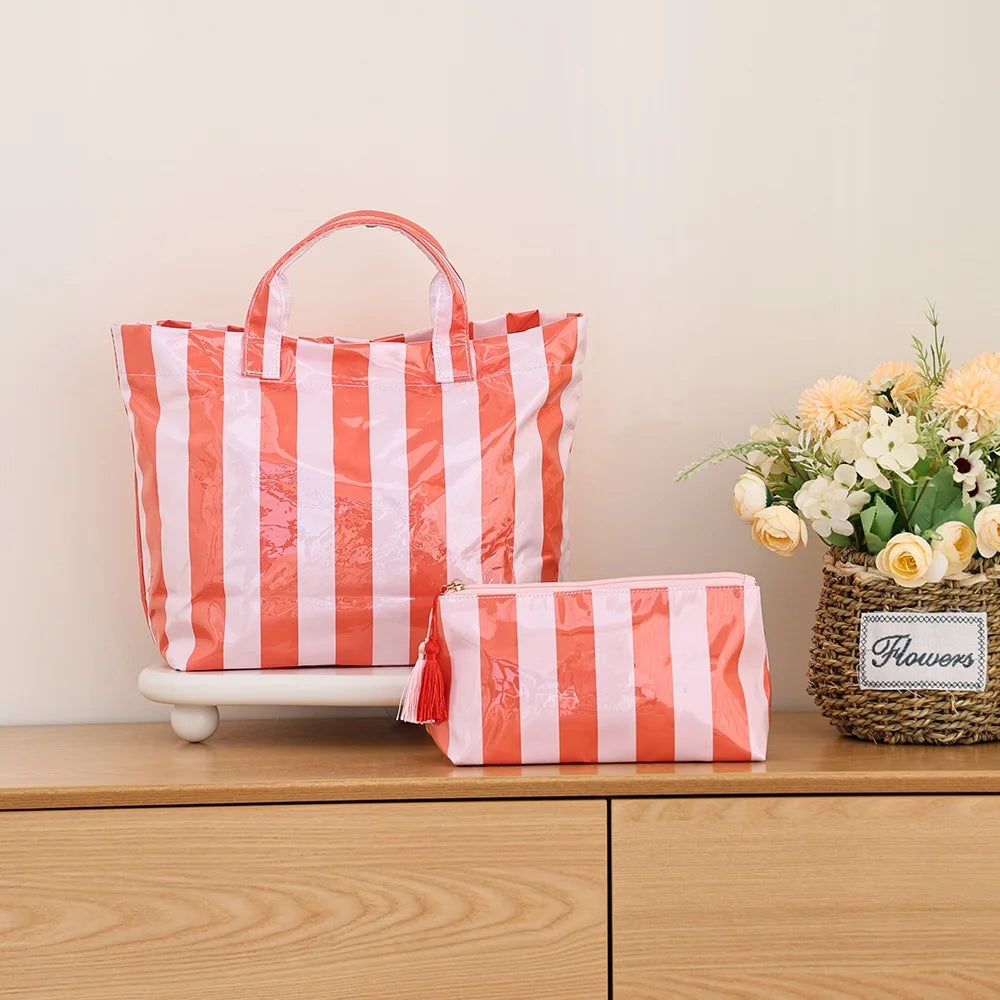 1 PC Fashion Striped Tote Bag For Women Lightweight Large Capacity Commute Handbag Portable Travel Single Shoulder Bag