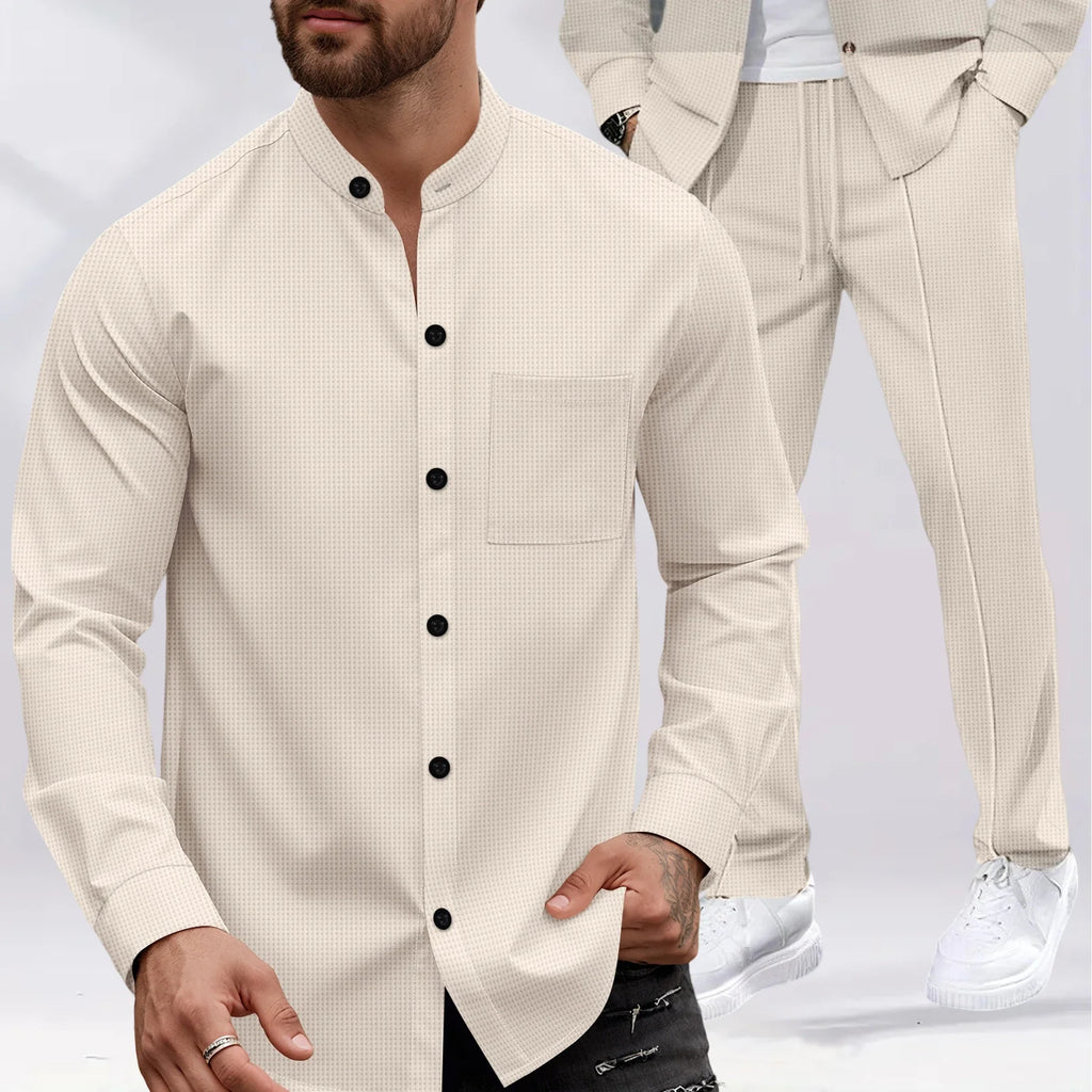 Men's Waffle-Knit Lounge Se Stand-Collar Long-Sleeve Jacket with Pockets&Drawstring Pants Versatile Comfortable Clothing Set for