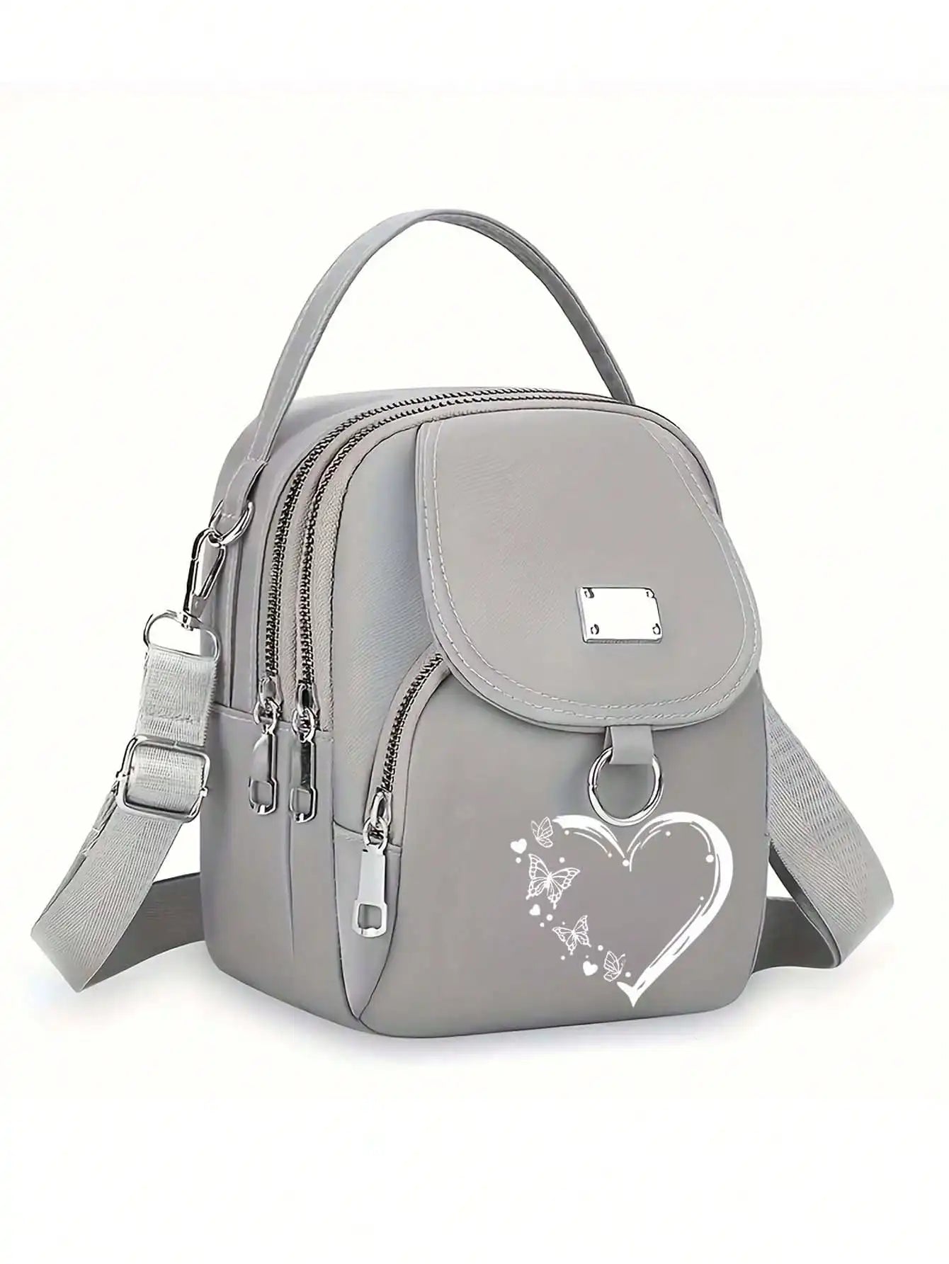1pc Women's Nylon Shoulder Bag Heart Butterfly Pattern Casual Mini Crossbody Bag Adjustable Multi-Layer Solid Color Hand Bag