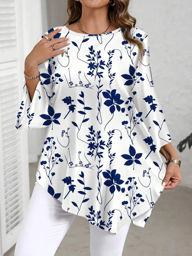 New Round Neck Plant Floral Seven Quarter Sleeved Top Loose and Elegant Plus Size Temperament Short Sleeved T-shirt  Commute