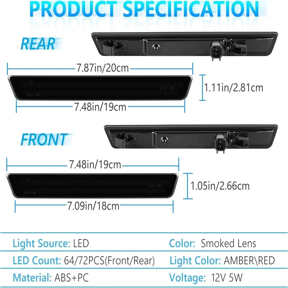 Smoked Lens Front Amber Rear Red LED Car Bumper Side Marker Turn Signal Lights Fender Flare Lamps For Dodge Challenger 2015-2023