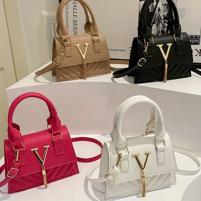 Fashion Quilted Top-Handle Bag, Gold V-Shape Tassel Hardware Satchel with Detachable Strap, Elegant Crossbody Purse for Women