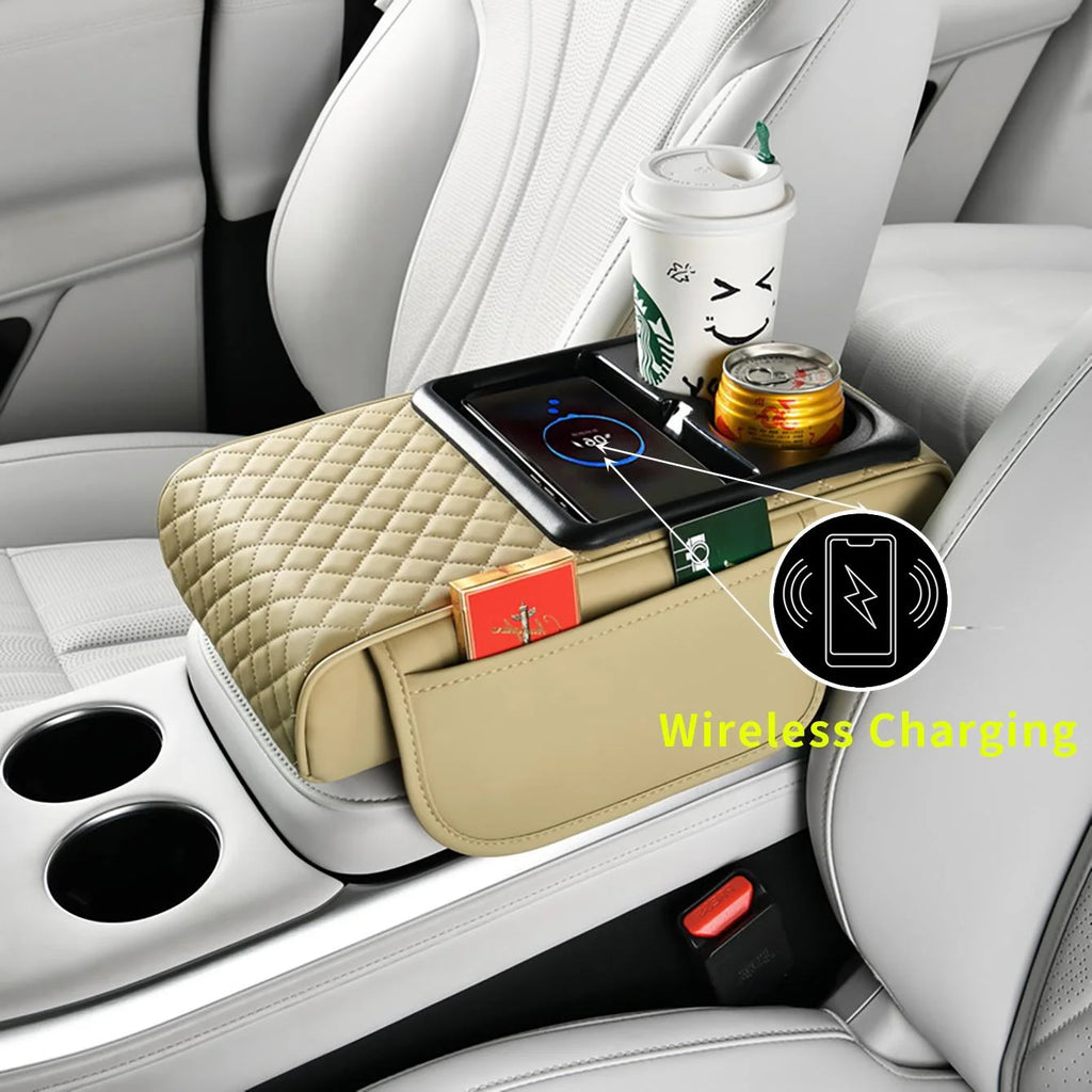 1 Car Armrest Box with Multiple Colors, Compatible with Apple and Huawei Wireless Charging, Comes with a Pack of Tissues and a Coaster