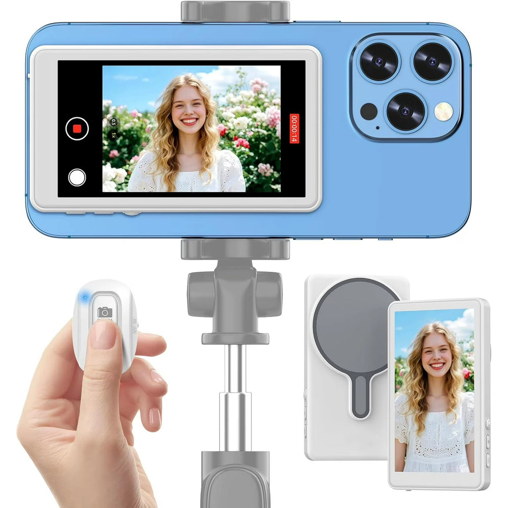 Vlog Selfie Monitor Screen Compatible with Phone, Magnetic Wireless Rear Camera Phone Monitor with 164FT Range, Live Streaming (White)