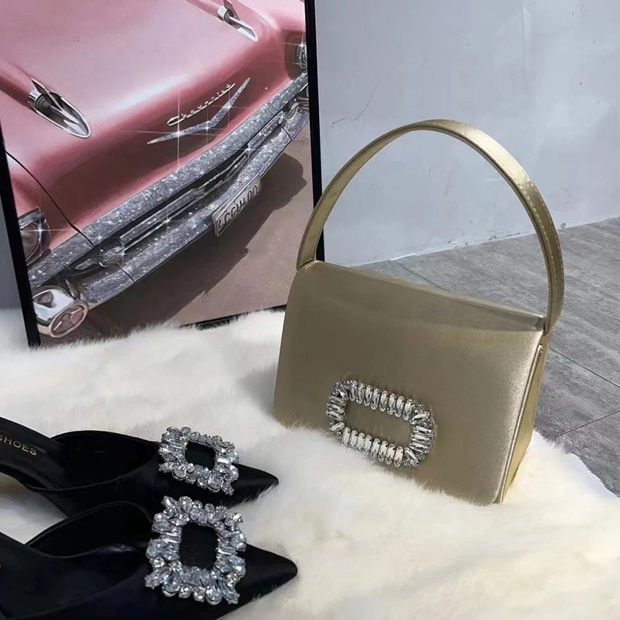 Luxury Diamond Square Button Women's Evening Bag Party Clutch Purses Satin Rhinestone Small Square Bag Chains Shoulder Bag Bolsa