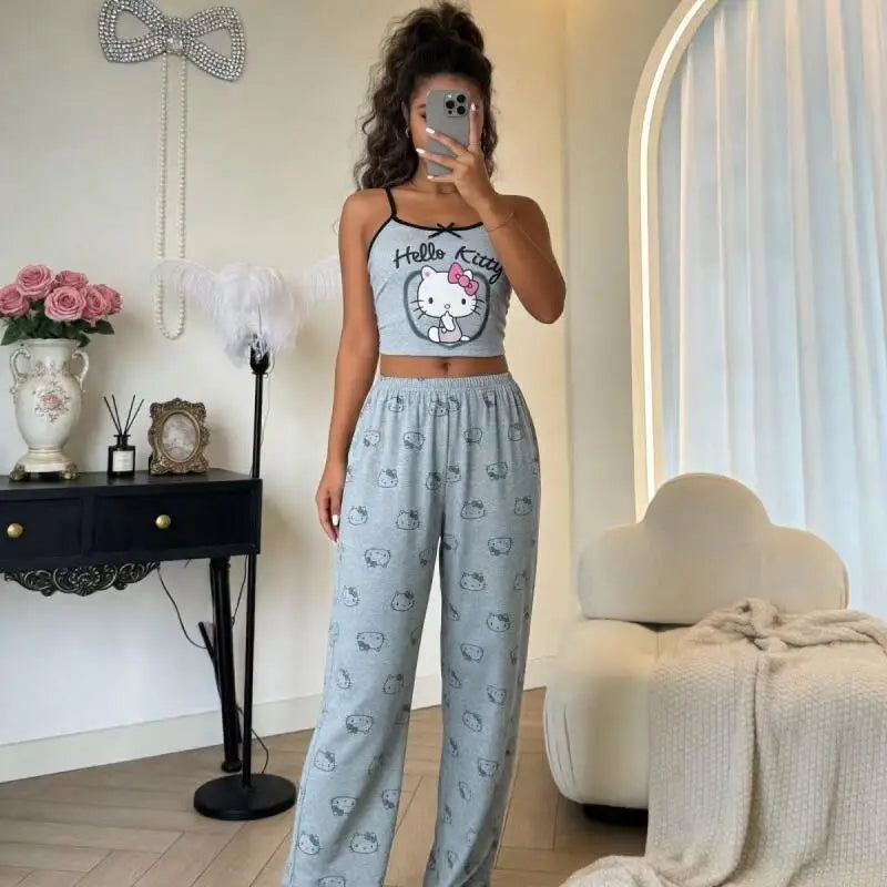 2026 Hot Style Hello Kitty Summer New Women's Black Suspender Pajama Set Comfortable Cartoon Two-Piece Home Clothes Casual Sexy
