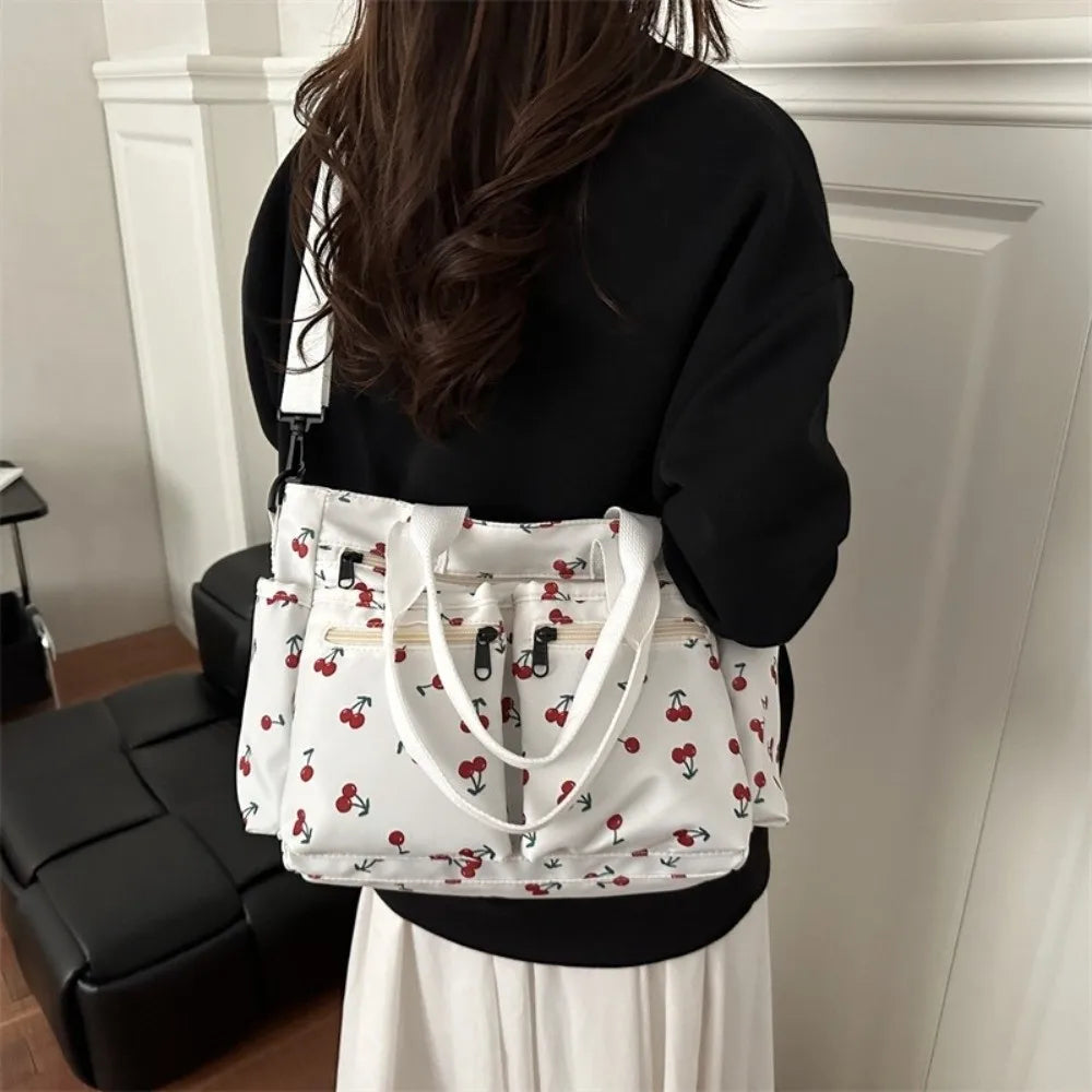 Casual Large Capacity Tote Bag Multi-Pocket Adjustable Strap Crossbody Bag Cherry Print Waterproof Shopping Bag