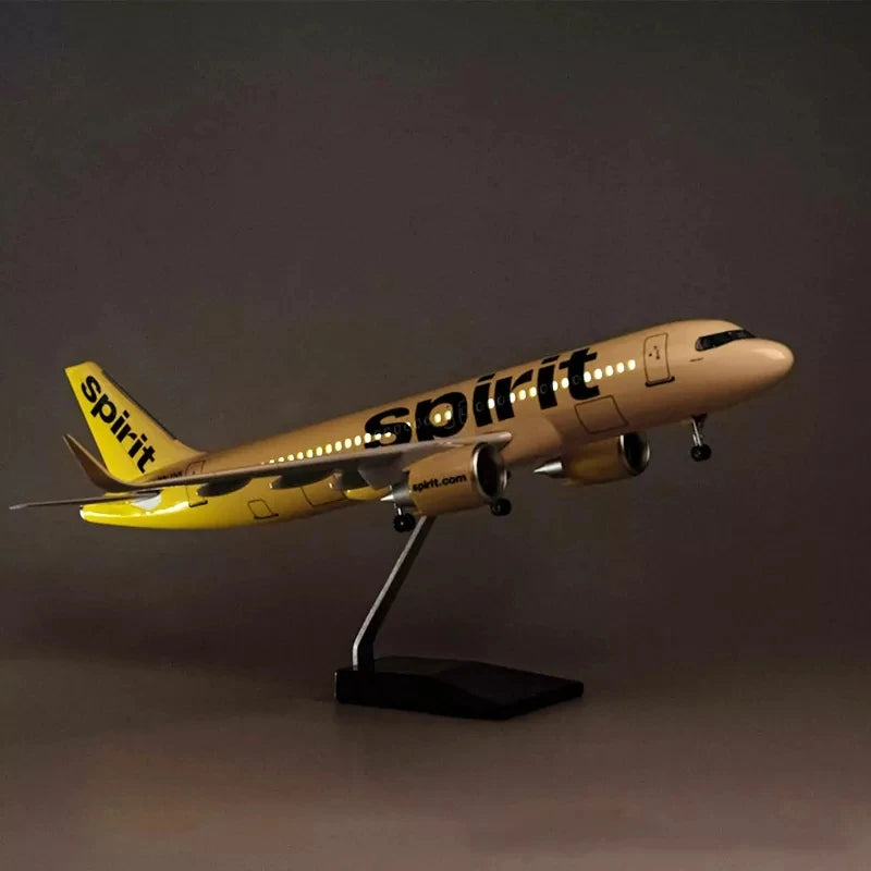 47CM A320 Spirit Airlines Airbus Aircraft 1:80 Scale 320 Series Die-Cast Resin Aircraft Model with Lighting and Wheels