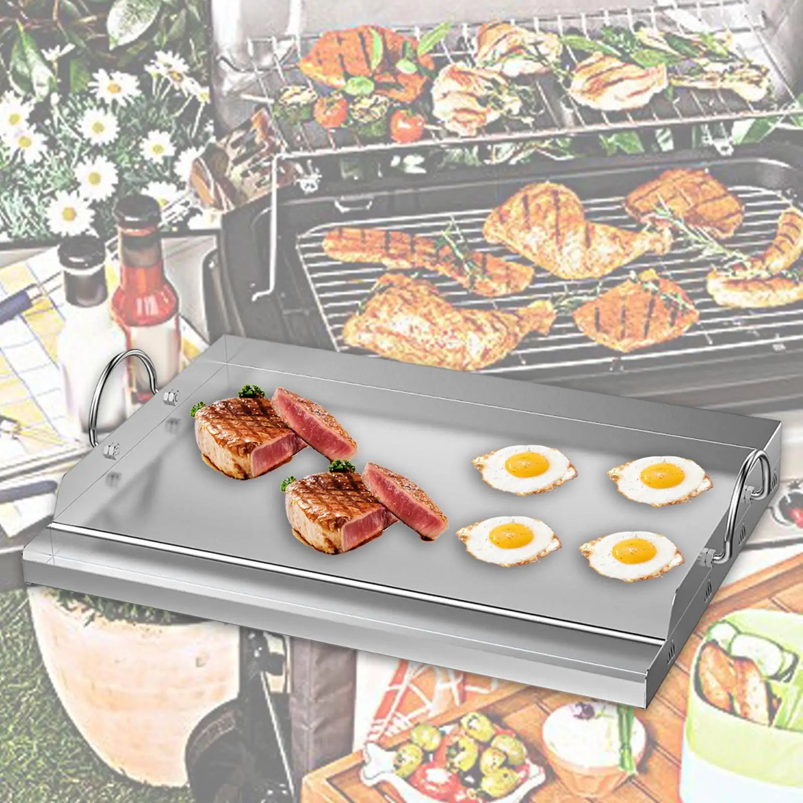 Stainless Steel Cooking Griddle BBQ Tools Grilling Cookware Flat Top Plate Insert for Parties Camping Grills Tailgating Outdoor