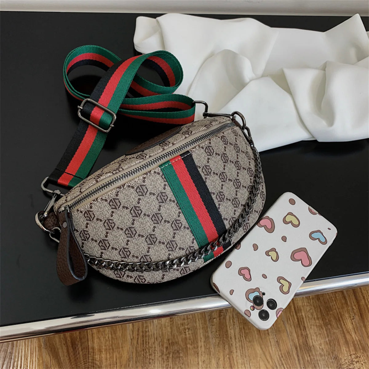 Classic Geometric Pattern Fashion Crossbody Bag Lightweight Zipper PU Adjustable Striped Strap Waist Bag for Commute
