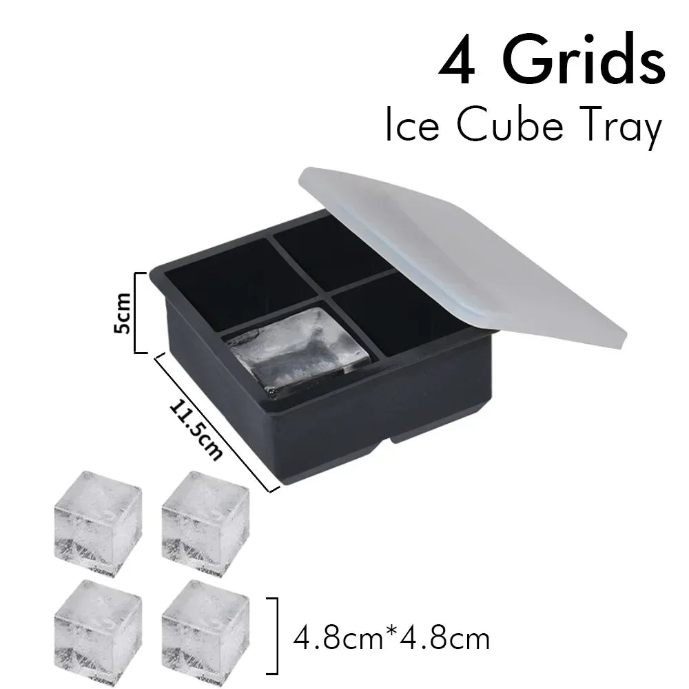 Ice Cube Tray Silicone Ice Ball Freezer Mold Square Ice Cube Maker with Lid 4/6/8 Grids for Whiskey Cocktail Coffee Accessories