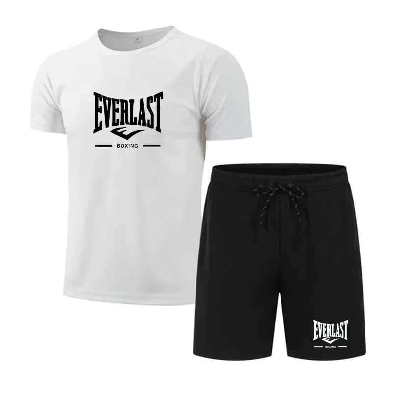 2026 New Everlast Boxing Men's 2-Piece Tracksuit, Summer Black Short Sleeve T-Shirt and Shorts Casual Sports Outfit