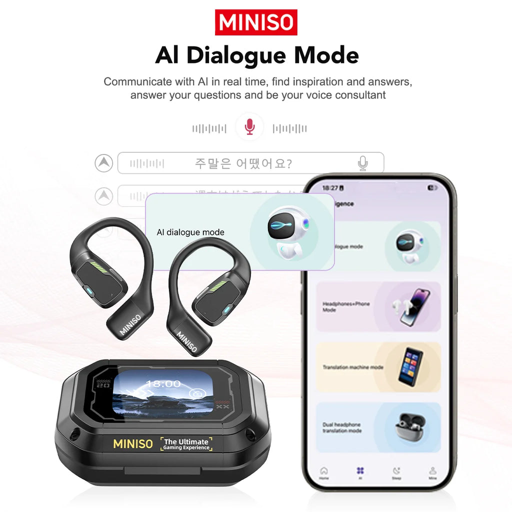 AI MINISO M98 Wireless Headphones OWS Sports Bluetooth Earphones Gaming Headset AI Translator Earbuds APP LCD Touch Screen IPX5