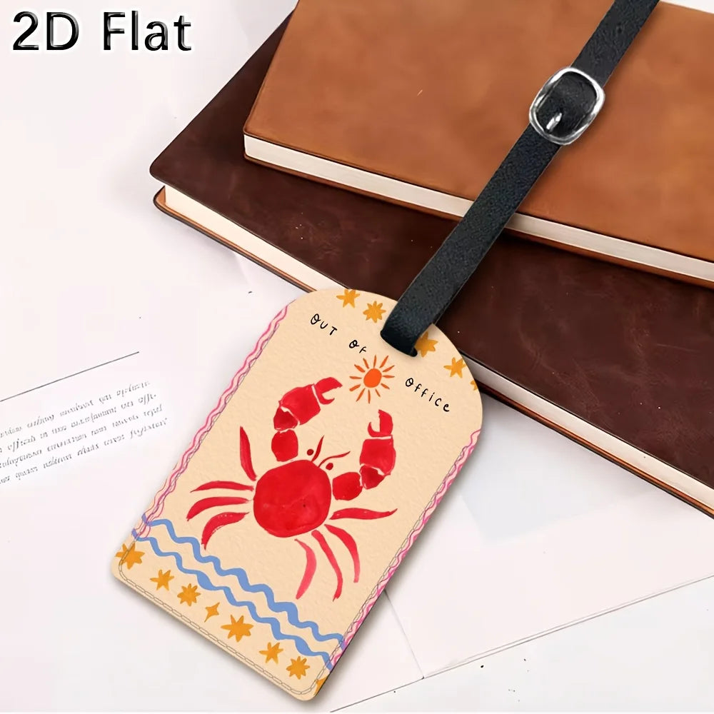 Crab Pattern Leather Luggage Tag Travel Luggage Identifier with Strap for Suitcase Baggage Bag Accessories Travel Essentials