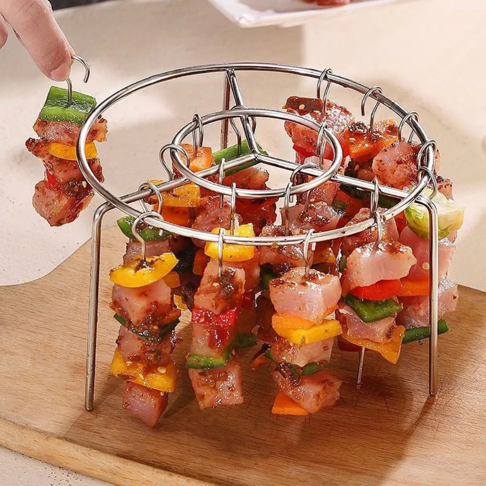 Round Stainless Steel Barbecue Skewer Rack Vertical Grill Holder with Hanging Skewers for Air Fryer BBQ Kitchen Cooking Tool