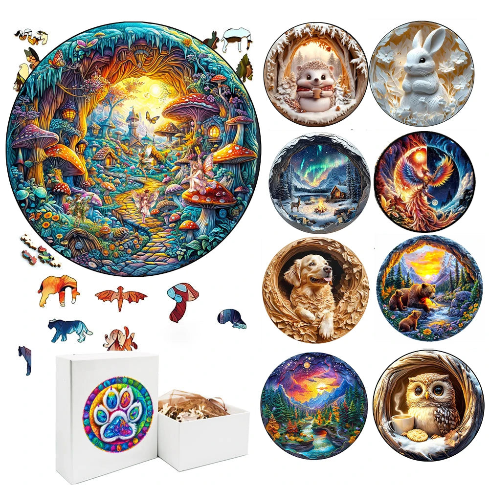 3D Mushroom Village Wooden Jigsaw Puzzle Montessori Games Puzzles Animal Toy for Adults Kids Exquisite Pattern Birthday Gift