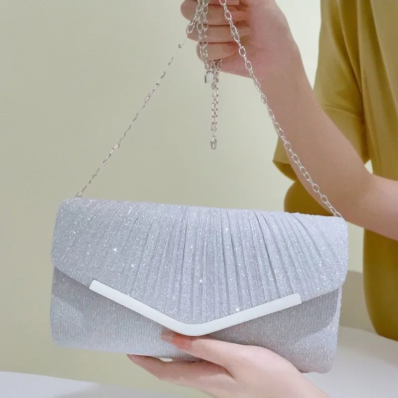 Shiny Pleated Shoulder Crossbody Bag Elegant Glitter Envelope Clutch Bag with Detachable Chain Strap for Evening Party & Wedding