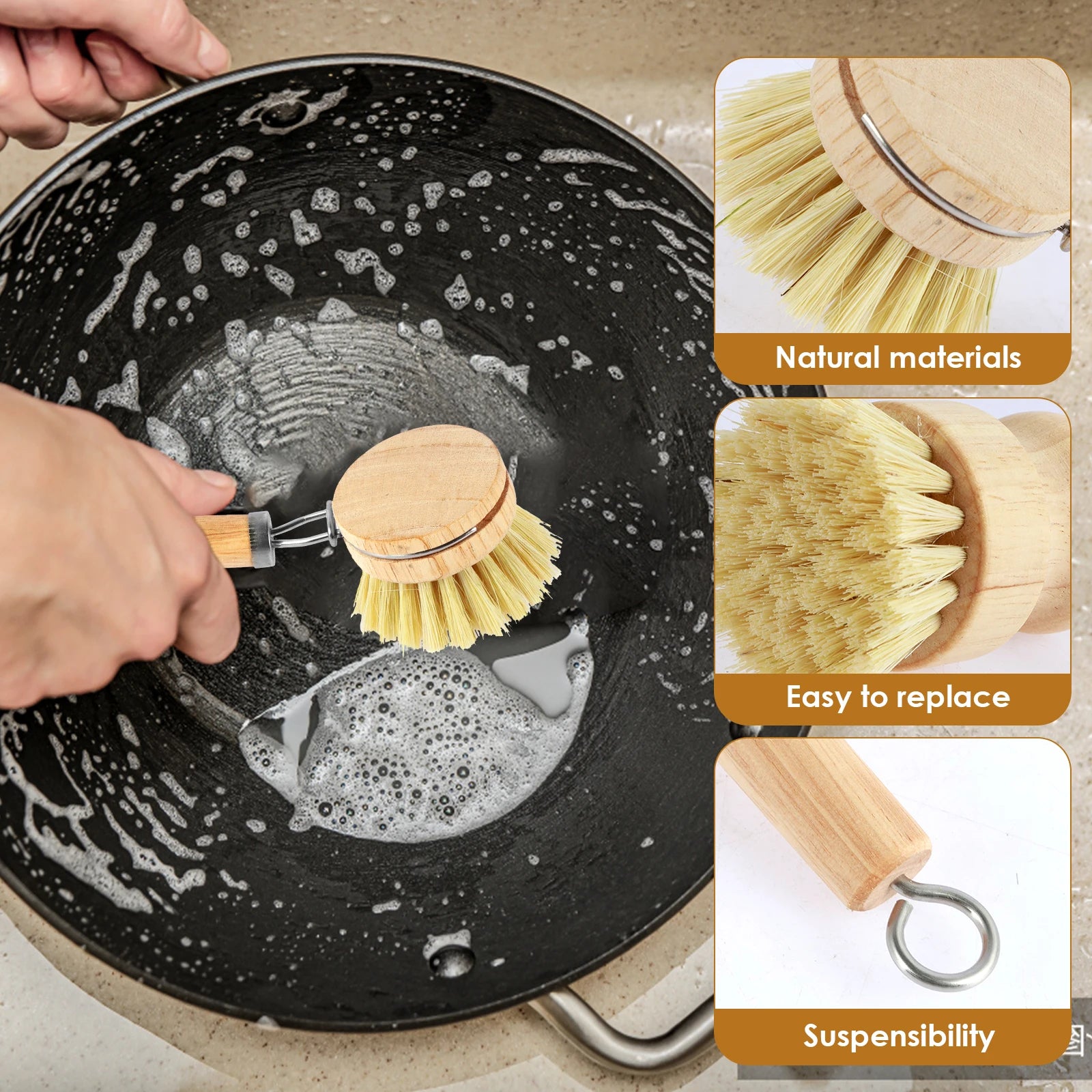 3/5Pcs Wooden Dish Brush Replaceable Long Handle Kitchen Cleaning Brush Set Natural Sisal Scrubbing Brush for Cleaning Pots Pan