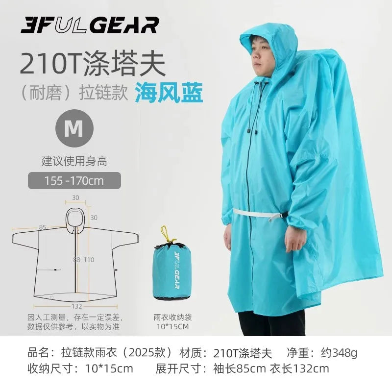 3F UL GEAR Zipper Raincoat 15D Nylon/210T Polyester Waterproof Jacket Ultralight Outdoor Cycling Camping Hiking Rain Poncho Coat