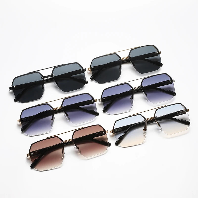 Hiking 3pcs Polygon Half-Frame Anti Light Glasses Fashion Metal Men Large Frame Shades Female Male Gradient Traveling Eyewear
