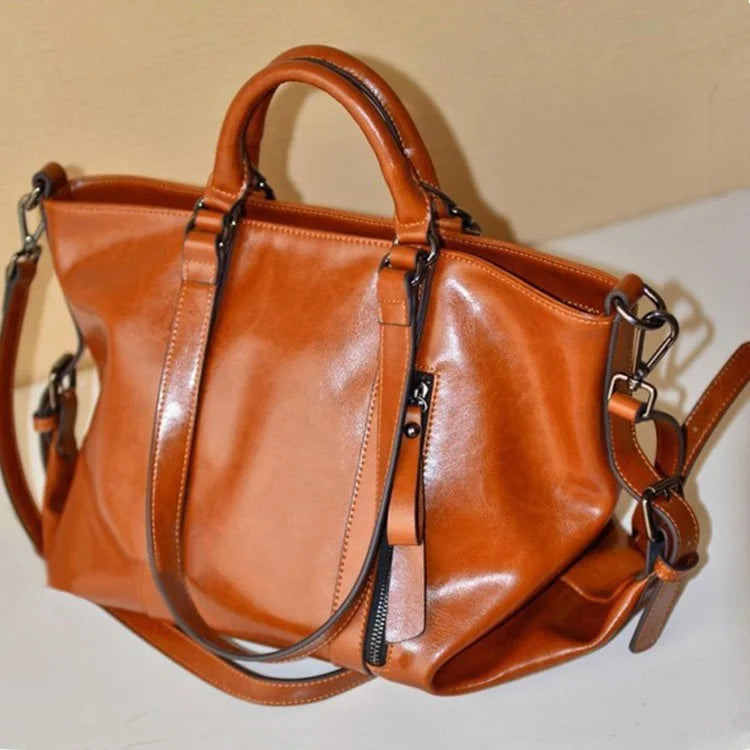 Womens Vintage Oil Wax Leather Tote Bag Large Capacity Top Handle Crossbody Handbag