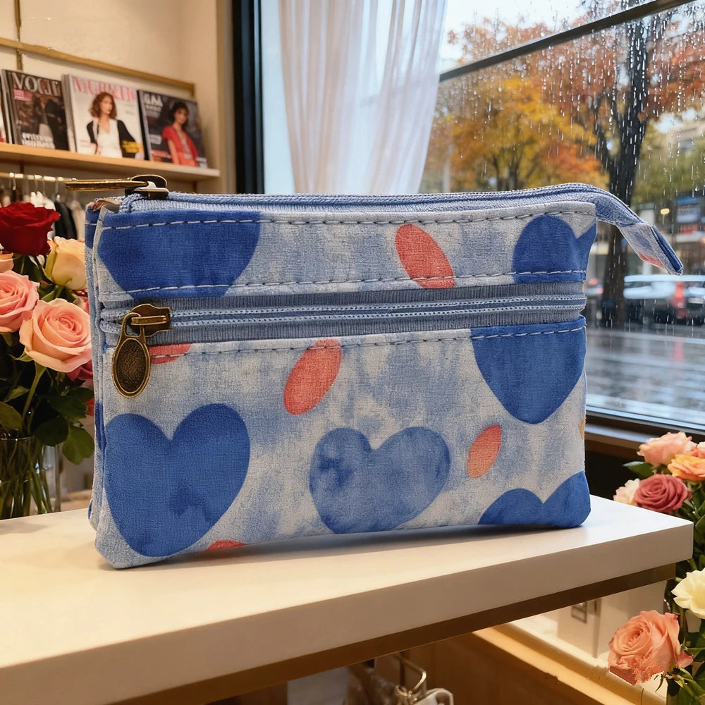Fresh country-style floral double-printed 4-layer cotton fabric zero wallet for girls - coin bag, keys, ID card bag, card holder