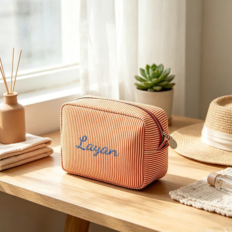 Customised Embroidery/Standard Style 2 Options, High-Look Striped Clutch, Large Capacity Makeup Bag, Back-to-School Season! Gift
