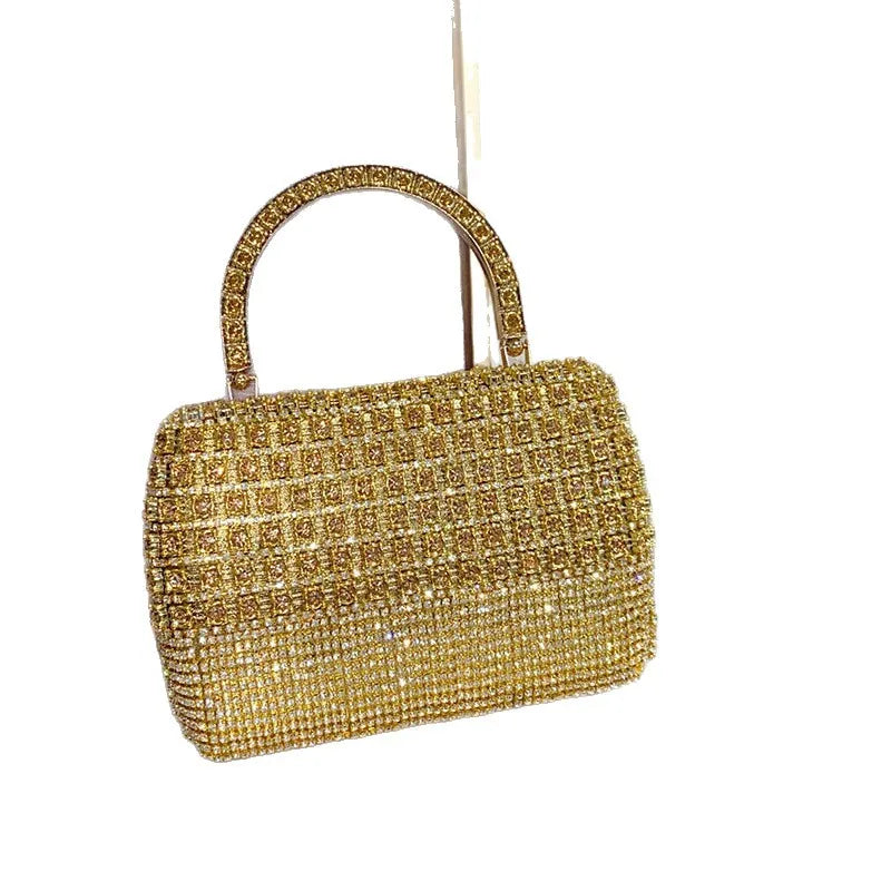 Trendy Gold Rhinestone Bag Fashionable Full Diamond Hand-Held Party Dinner Bag with Polyester Lining