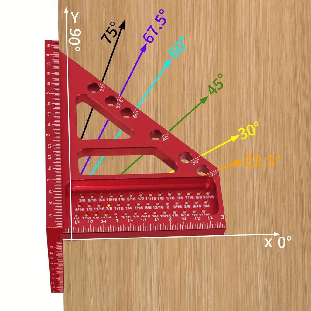 3D Multi-Angle Metric/Inch Measuring Ruler, 45/90 Degree Aluminum Alloy Square Protractor, High Precision Layout Measuring Tool